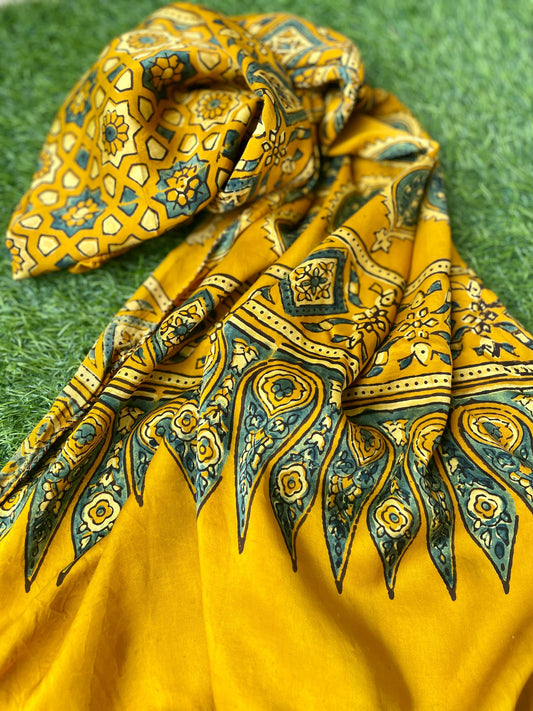 Yellow Ajrakh silk Stole