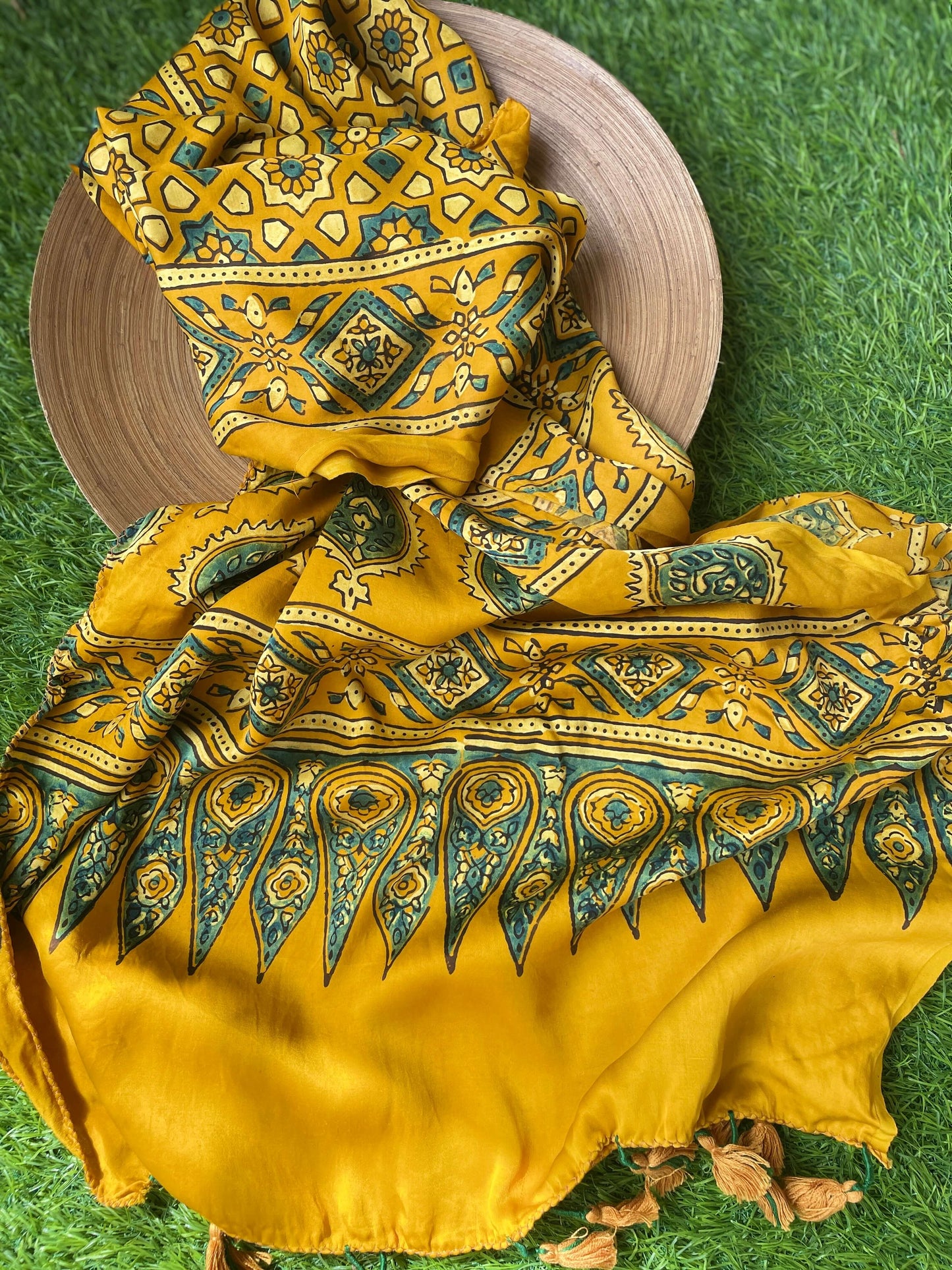 Yellow Ajrakh silk Stole