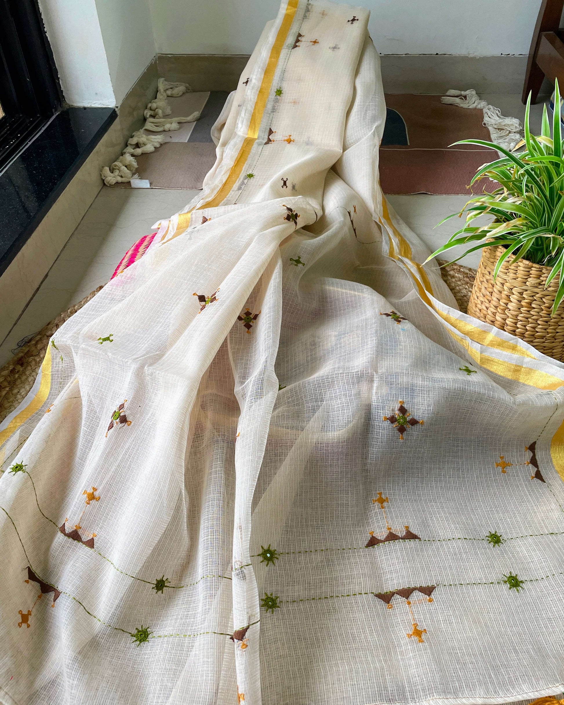 Beige kota embroidered saree