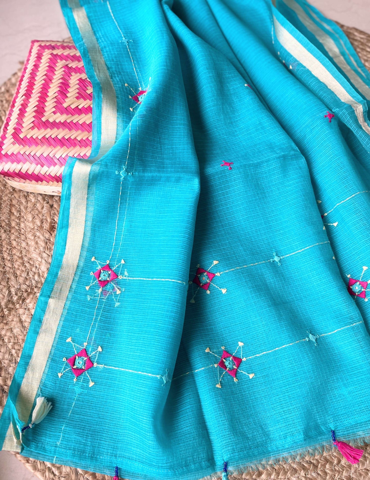 Blue Kota cotton Saree with pink embroidery