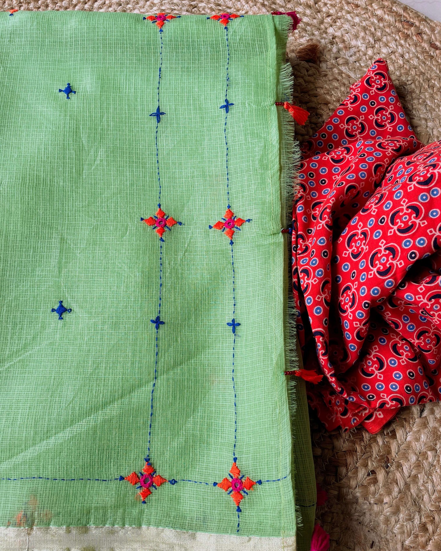 Light green Kota cotton embroidered Saree