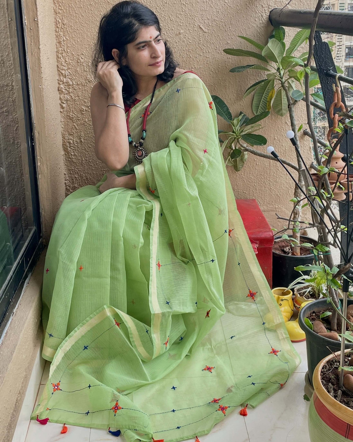 Light green Kota cotton embroidered Saree