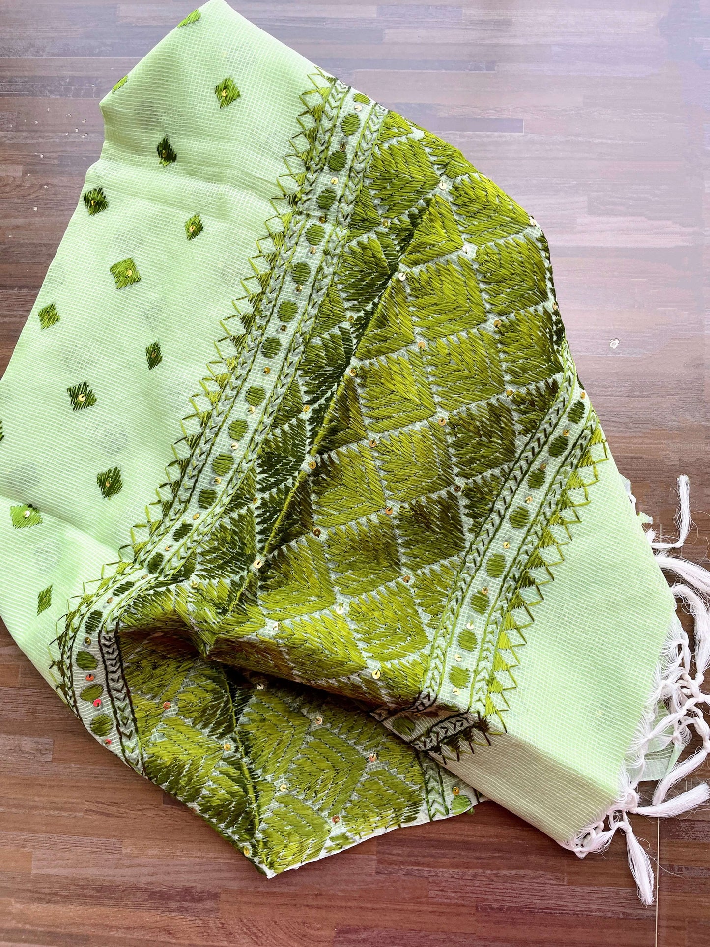 Pastel Green Phulkari embroidery Dupatta