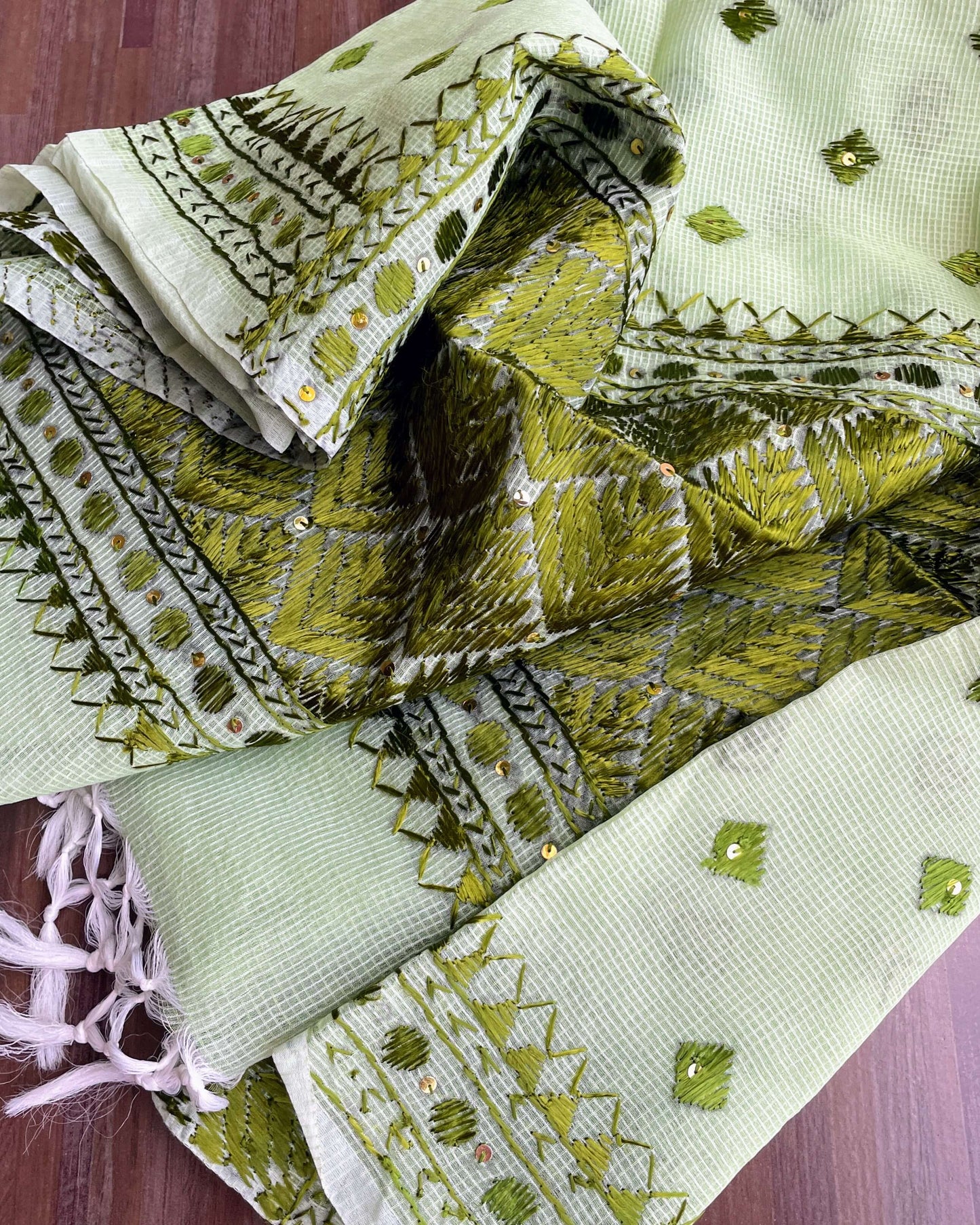 Pastel Green Phulkari embroidery Dupatta