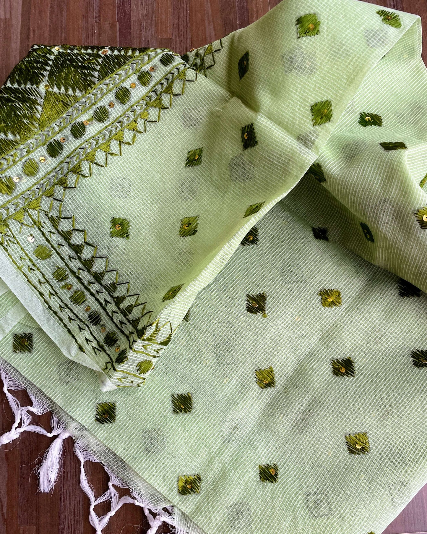 Pastel Green Phulkari embroidery Dupatta