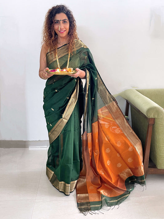 Green orange Maheshwari Saree ~ Rang collection