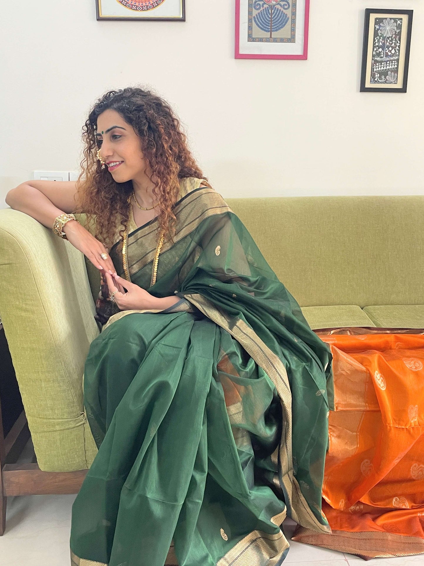 Green orange Maheshwari Saree ~ Rang collection