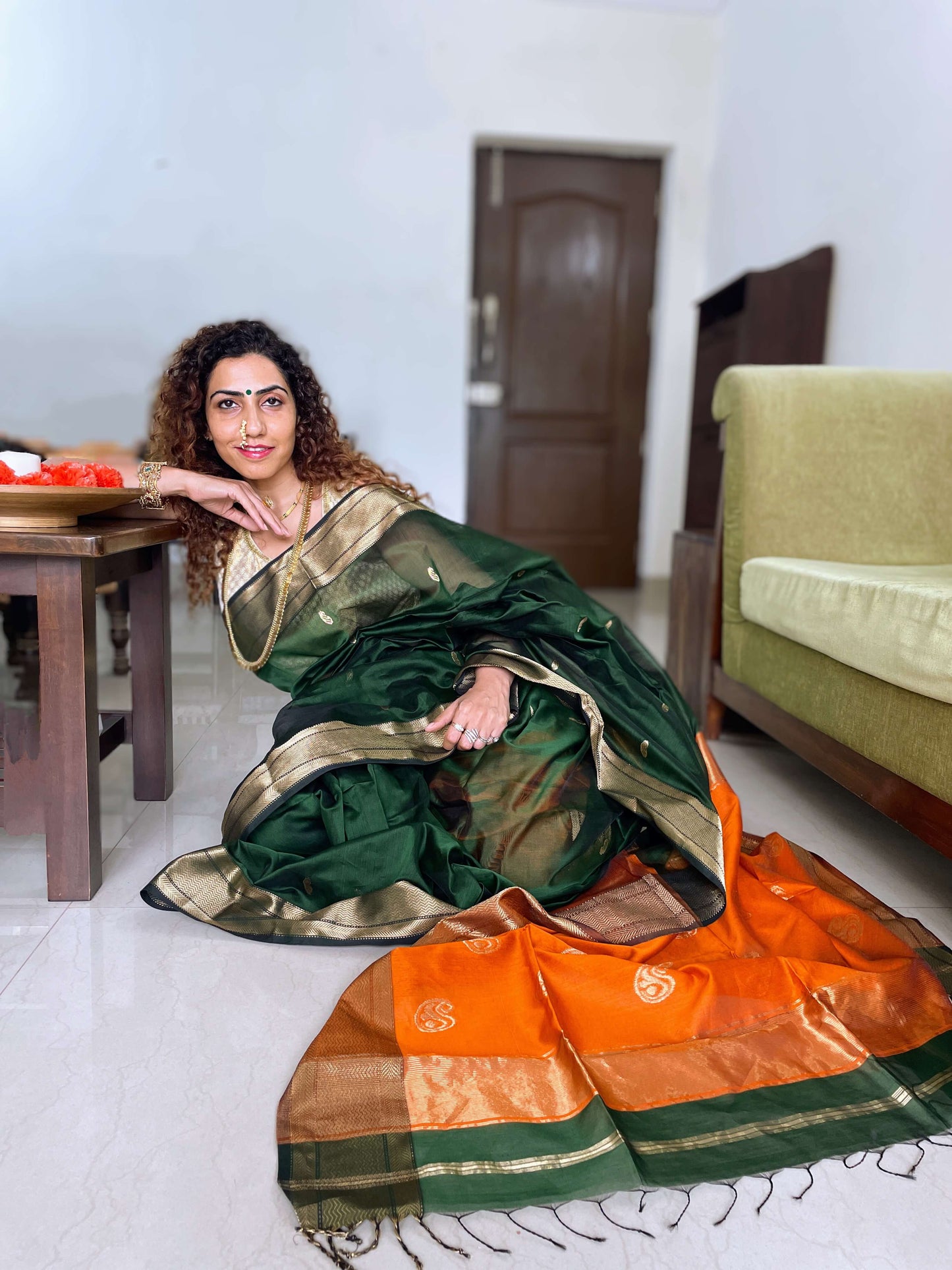 Green orange Maheshwari Saree ~ Rang collection