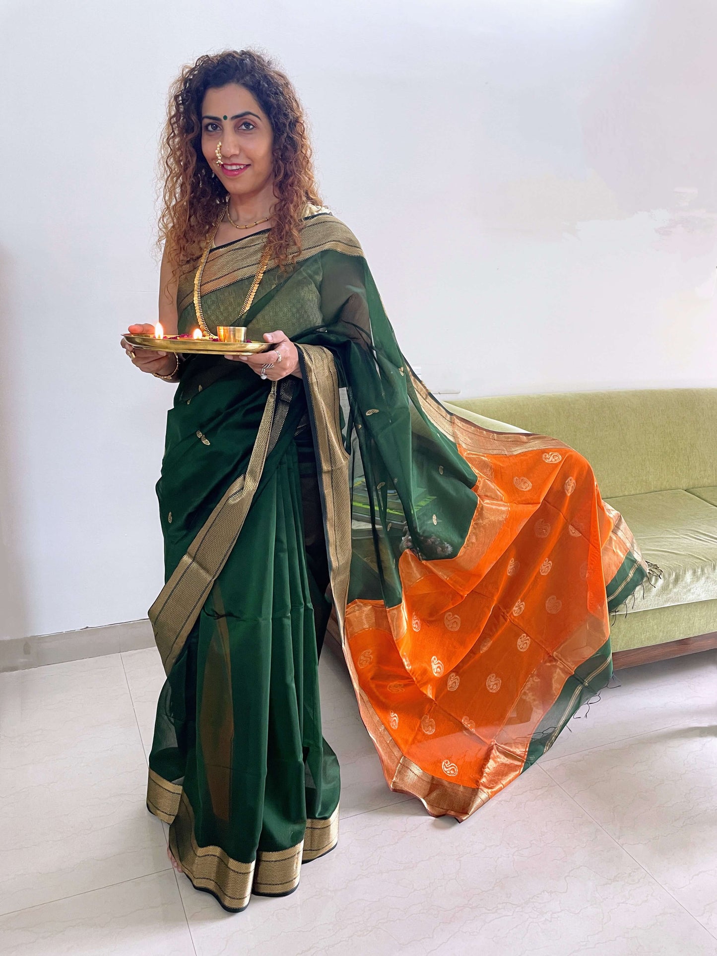 Green orange Maheshwari Saree ~ Rang collection