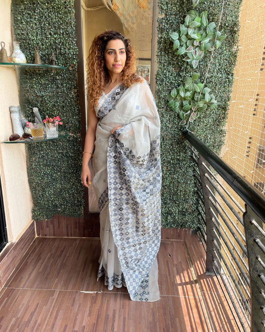 Grey Phulkari embroidery Saree