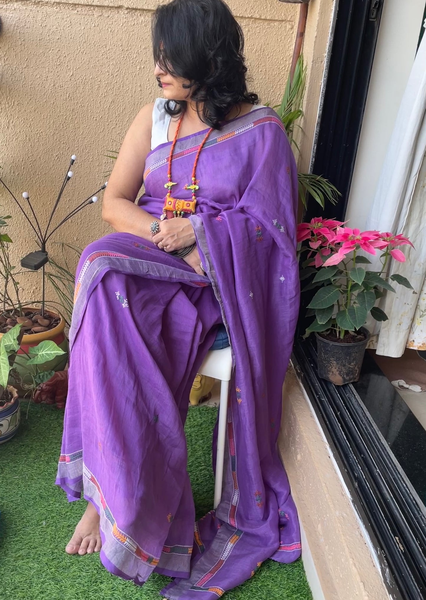 Lavender Linen Soof Embroidery saree