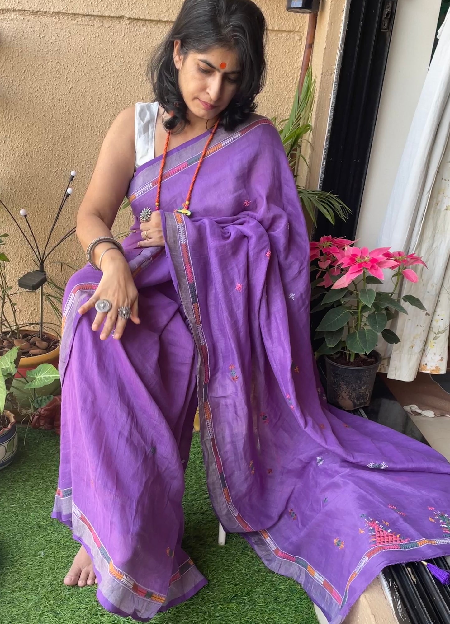 Lavender Linen Soof Embroidery saree