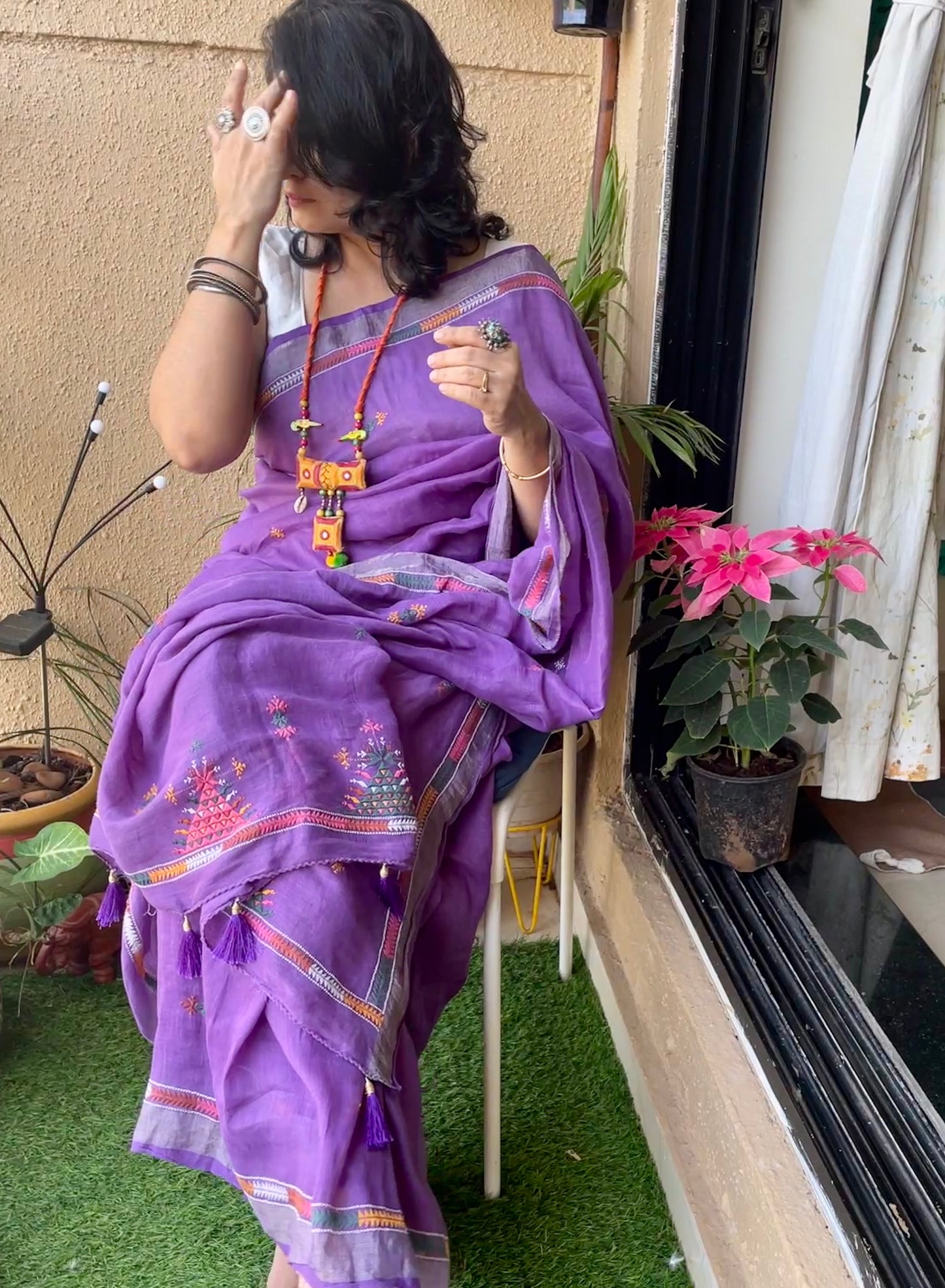 Lavender Linen Soof Embroidery saree