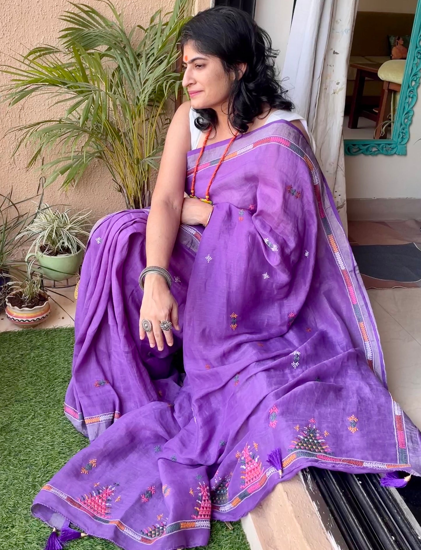 Lavender Linen Soof Embroidery saree