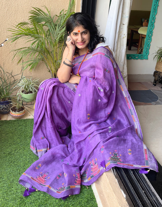 Lavender Linen Soof Embroidery saree