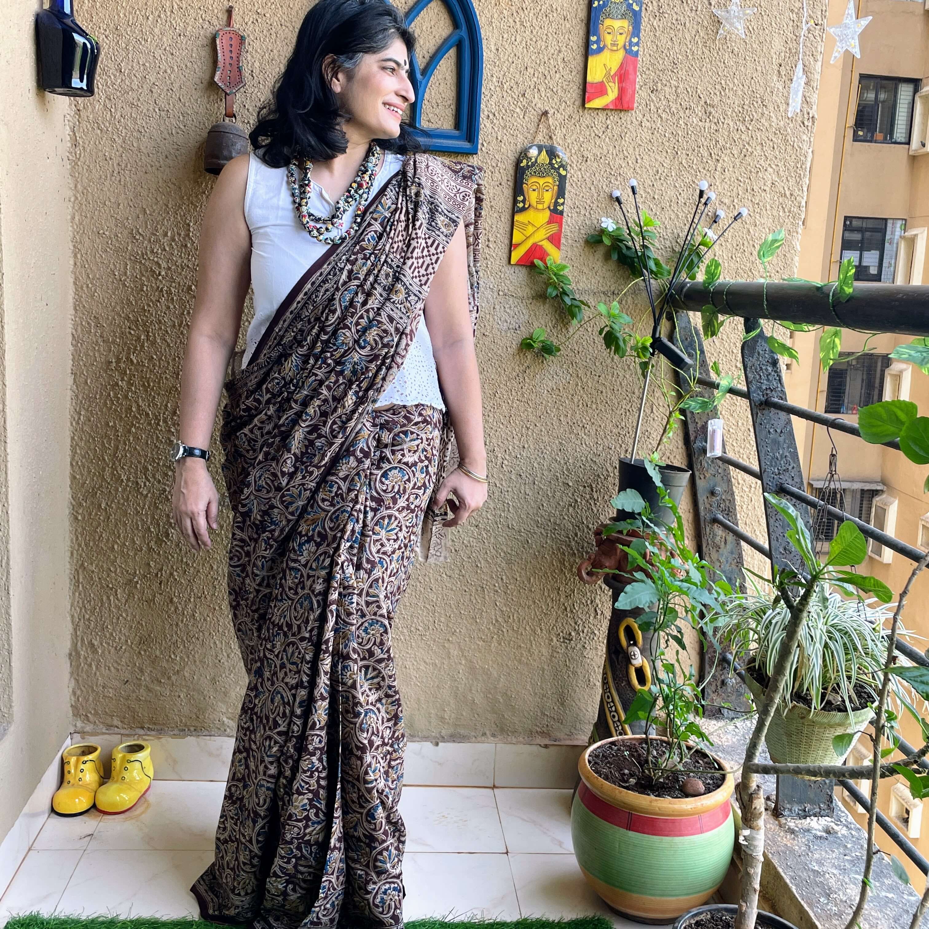 Black and Yellow colored Kalamkari Linen Designer Printed Saree