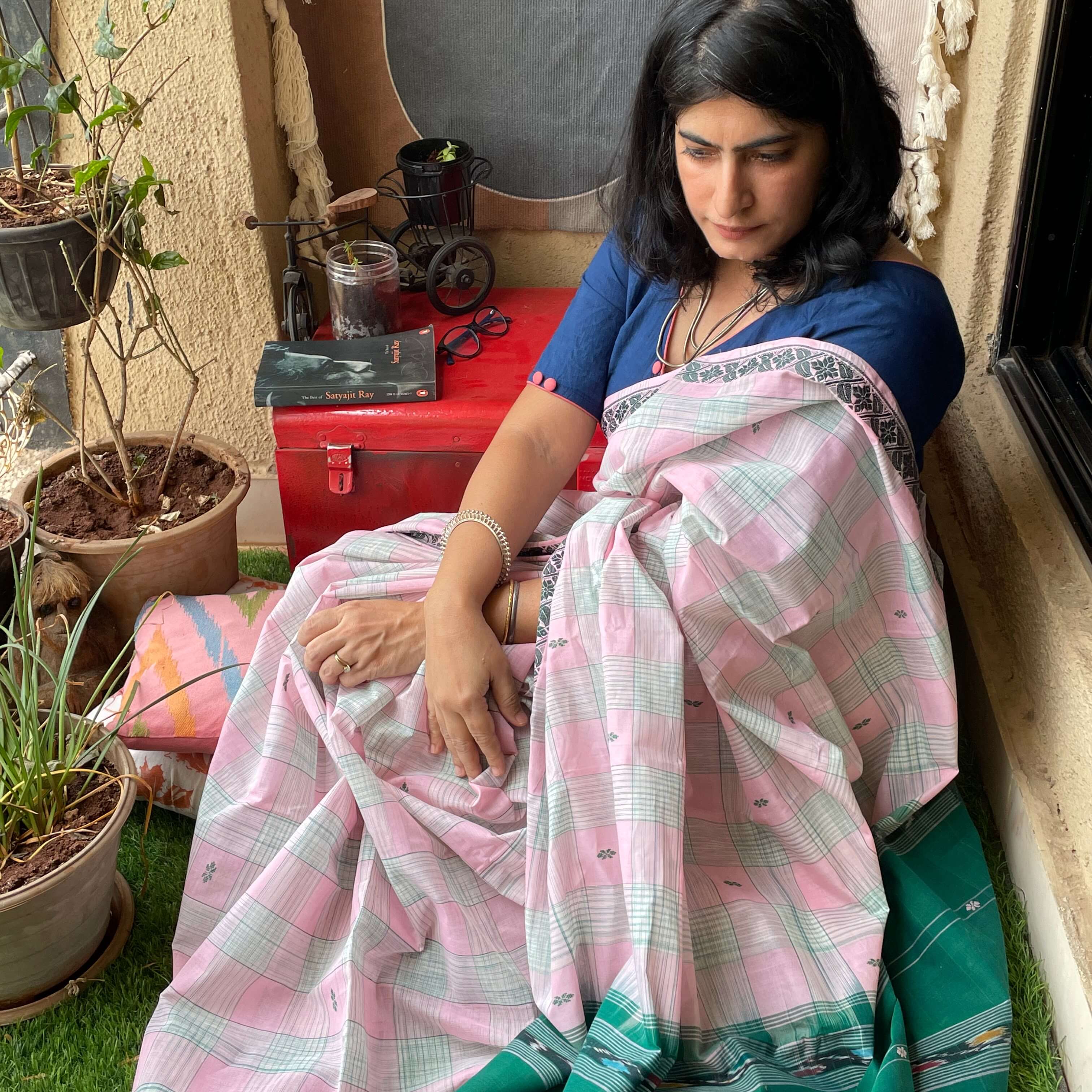 Blue Andhra Handloom Cotton Checks Saree – Indiva