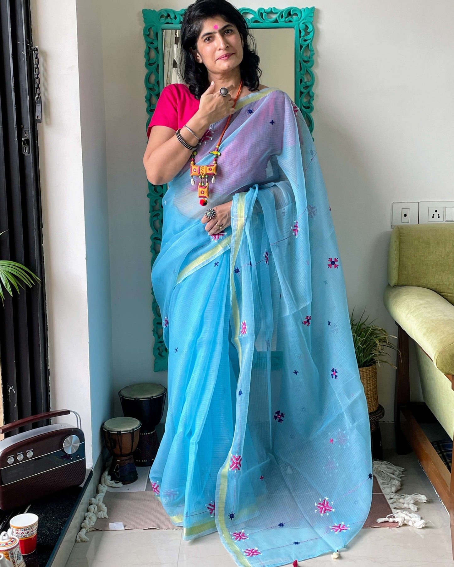 Turquoise Kota embroidered Saree