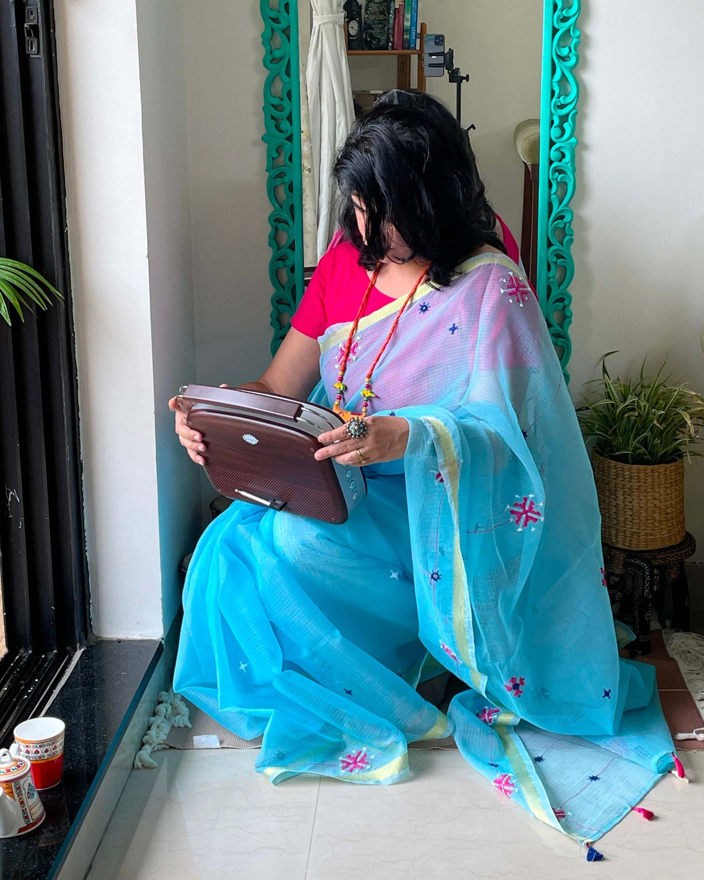 Turquoise Kota embroidered Saree