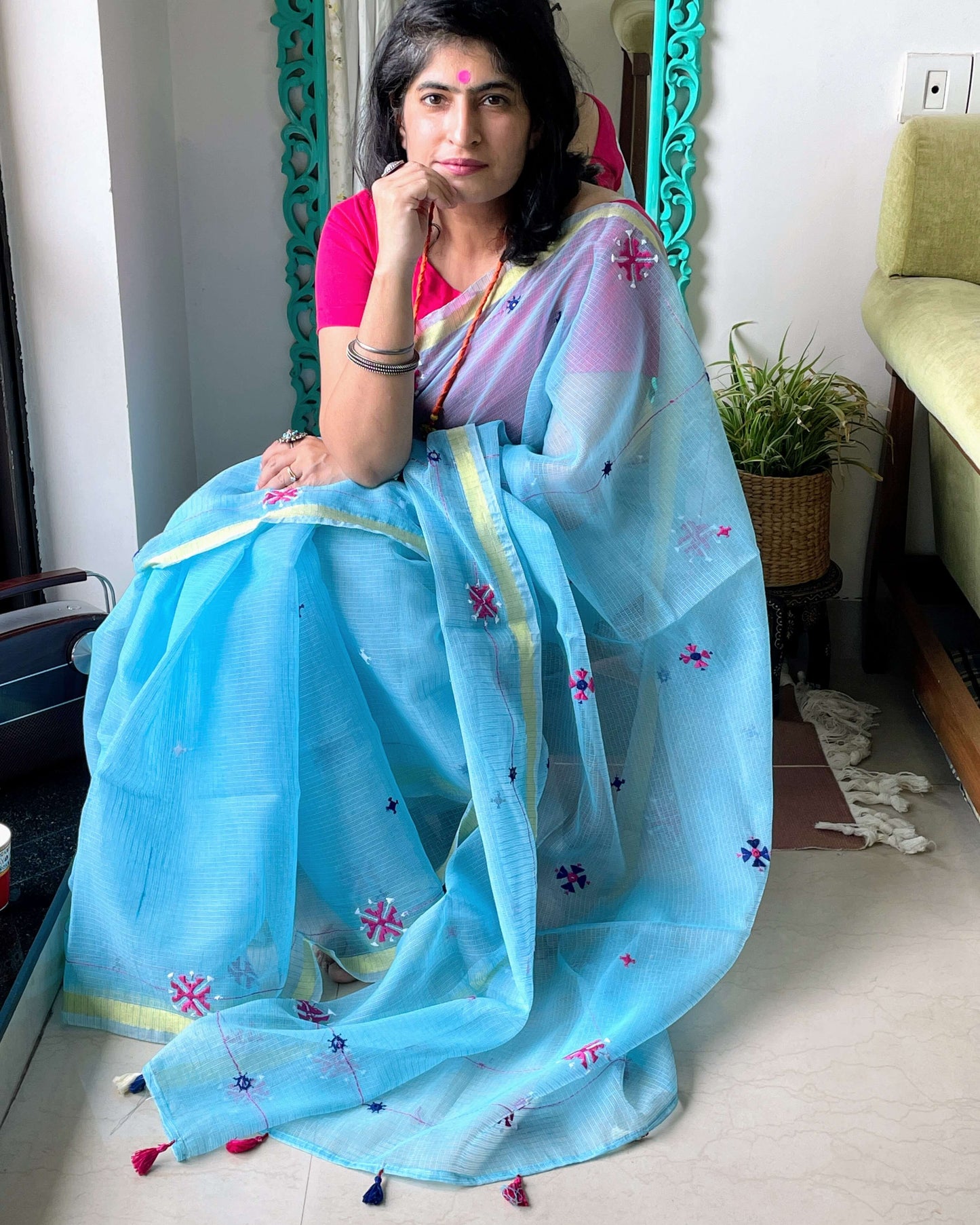 Turquoise Kota embroidered Saree