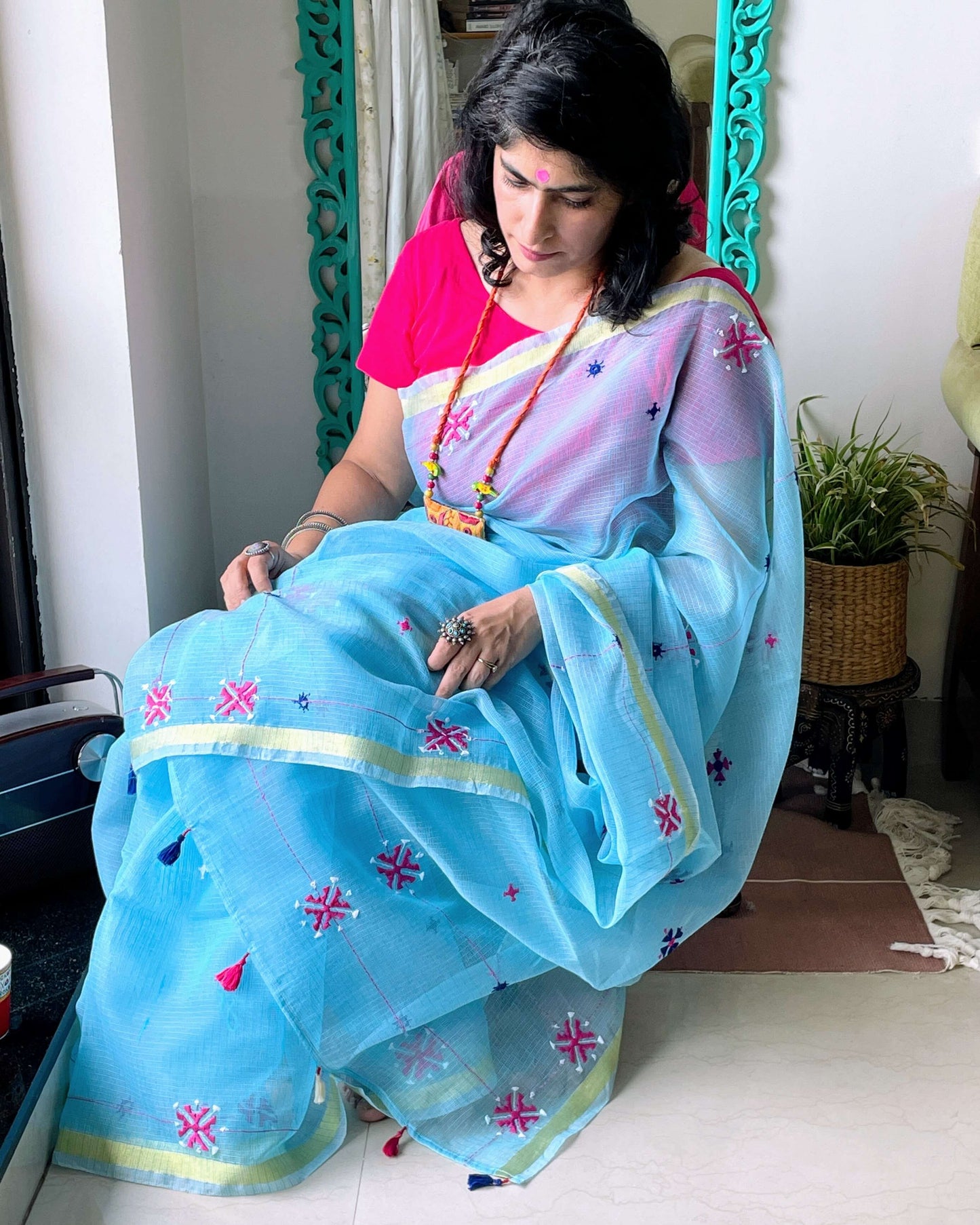 Turquoise Kota embroidered Saree