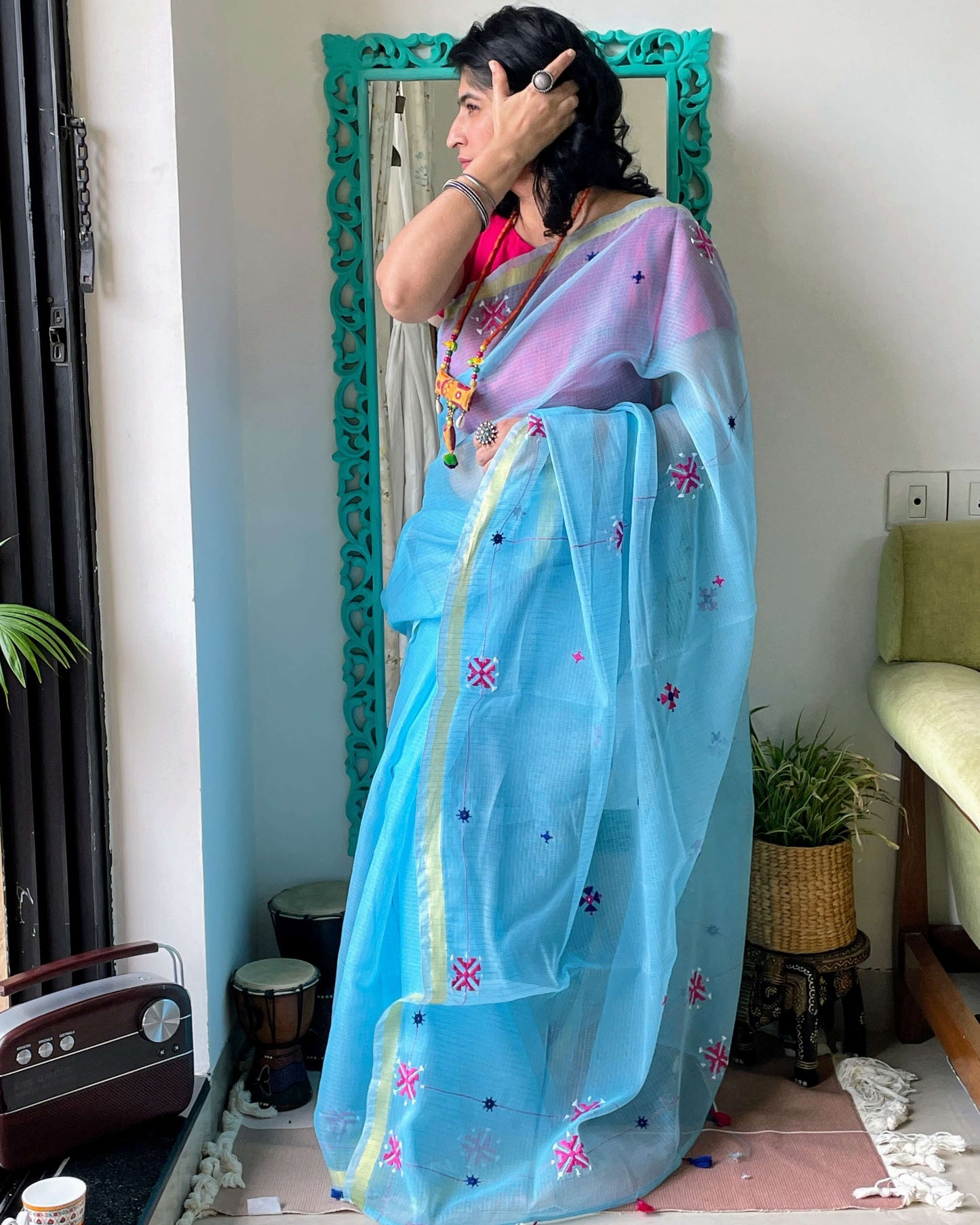 Turquoise Kota embroidered Saree