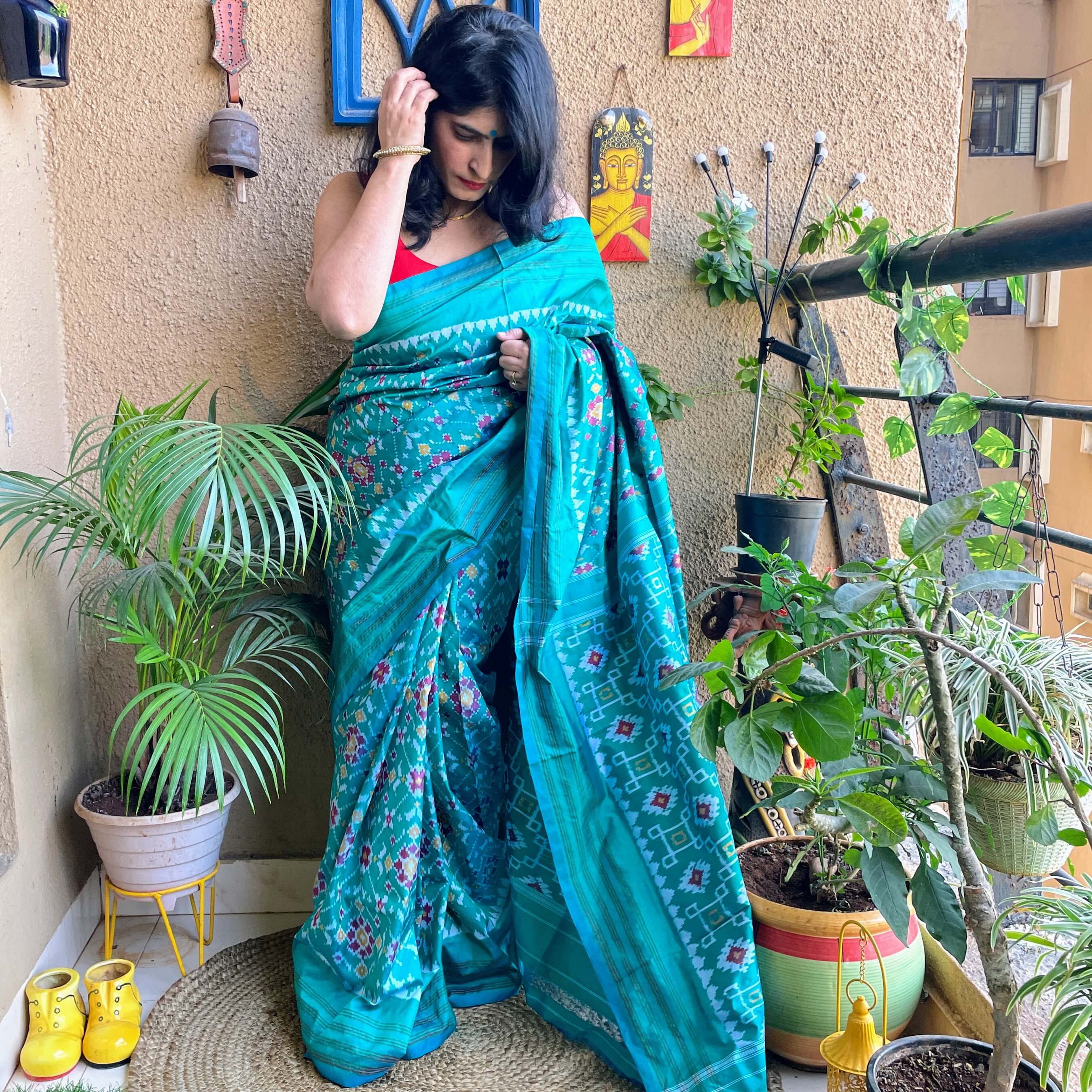 Aqua Blue Mist Handpainted Draped Chiffon Saree with Blouse Online