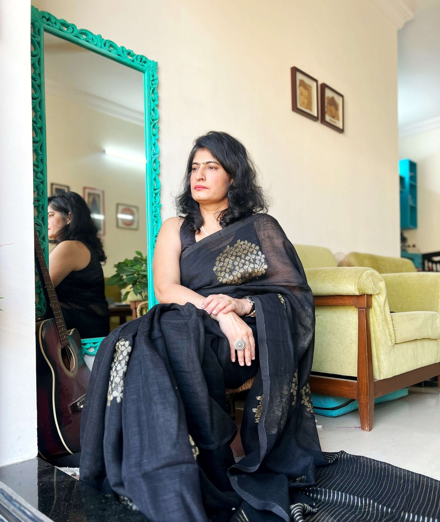 Black Linen zari Saree