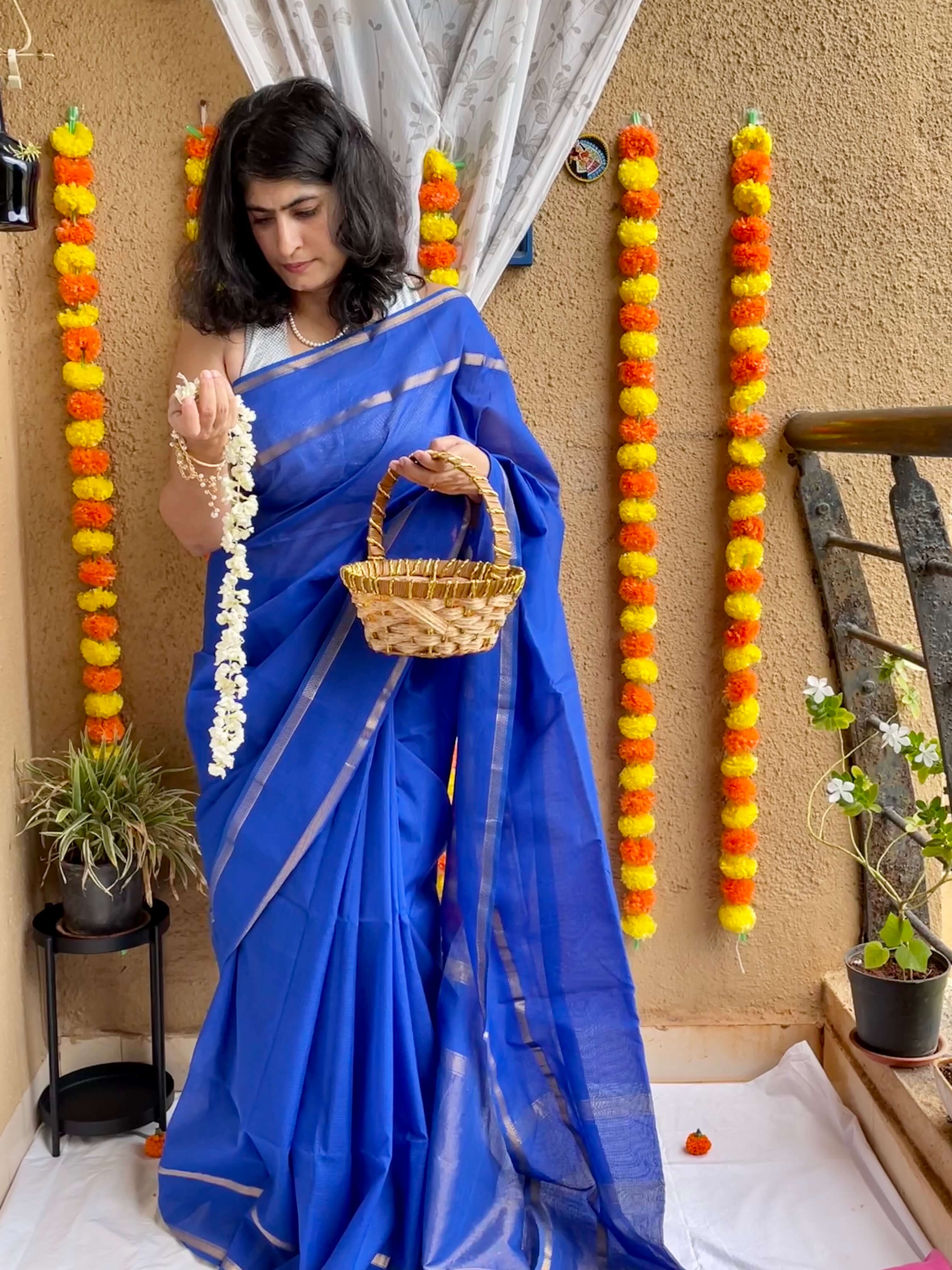 Orange and Blue color Uppada Tissue handloom saree with plain with big  border design -UPPI0001263