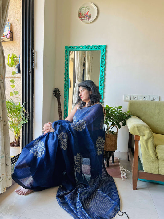 Blue Linen zari Saree