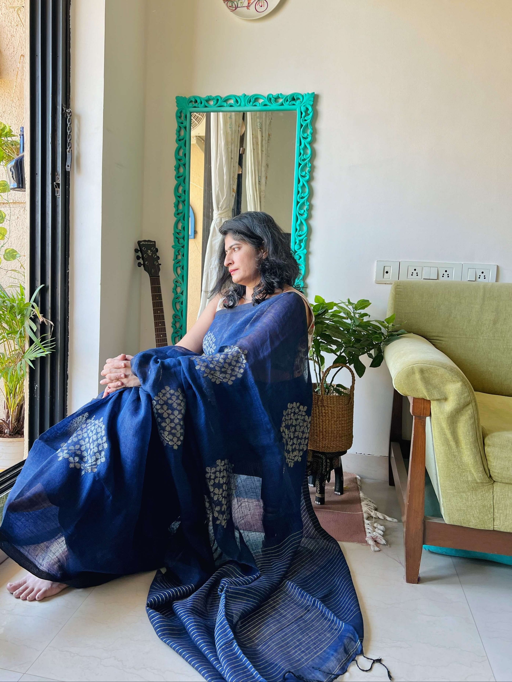 blue linen saree