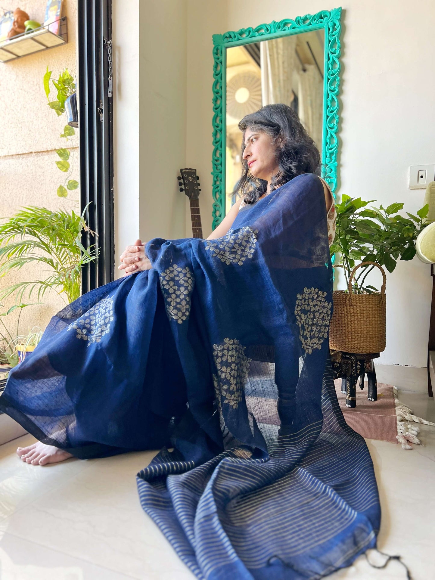 Blue Linen zari Saree