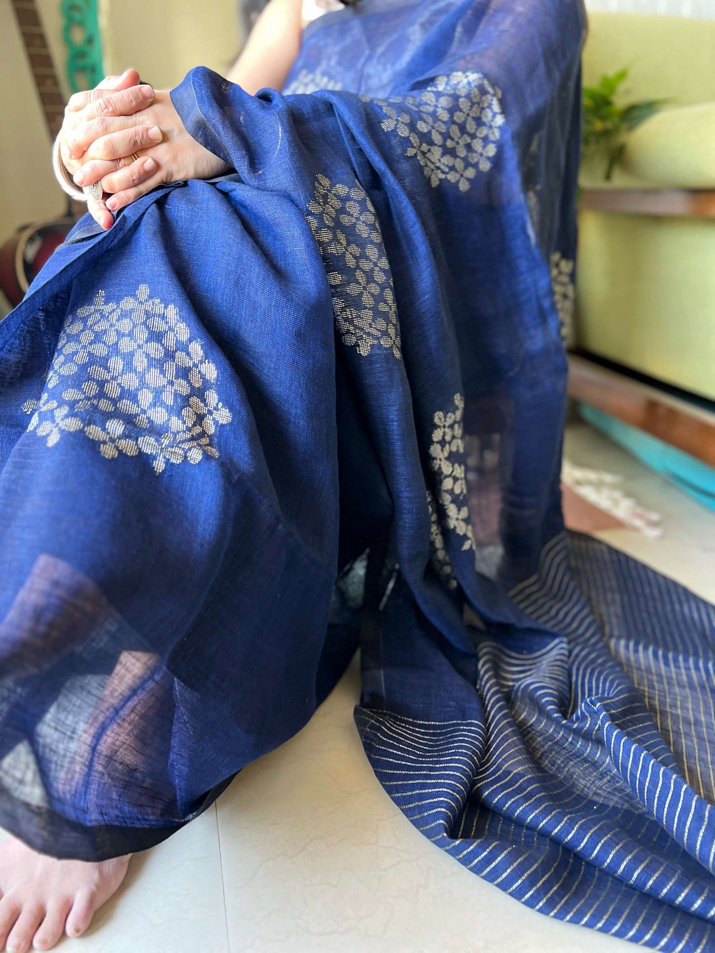 Blue Linen zari Saree