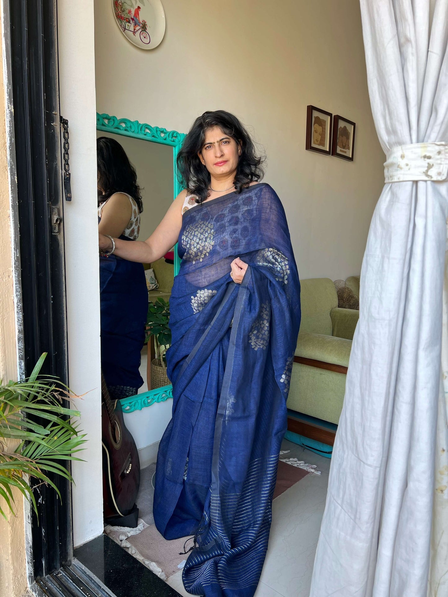 Blue Linen zari Saree