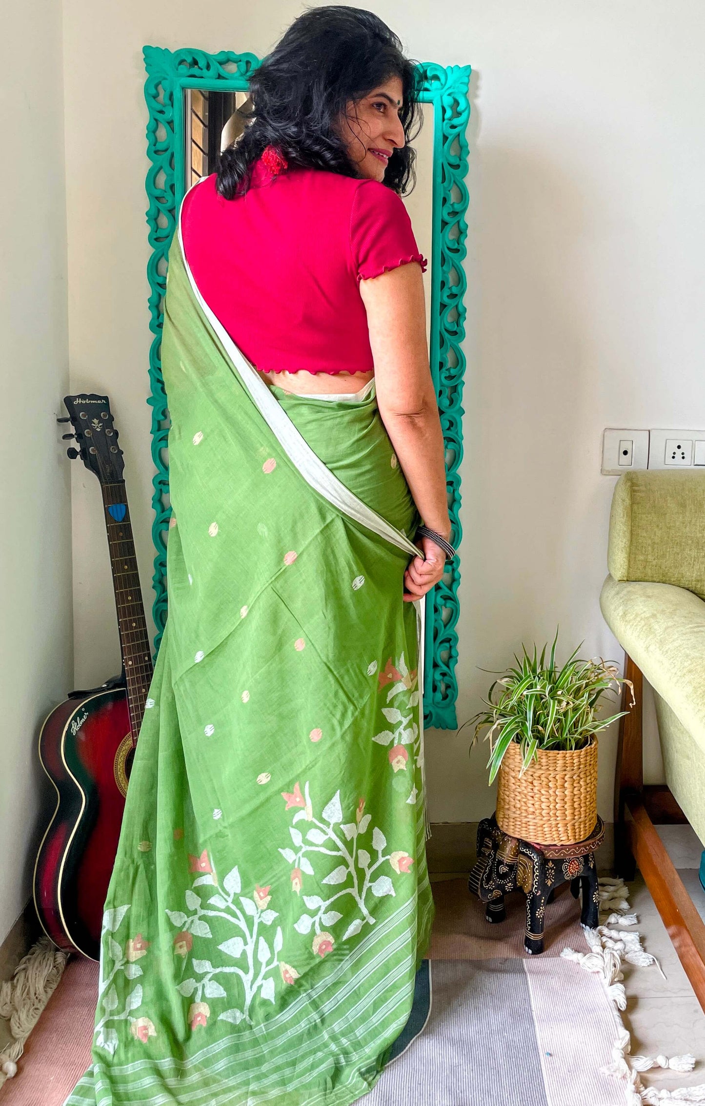 Green Jamdani cotton saree