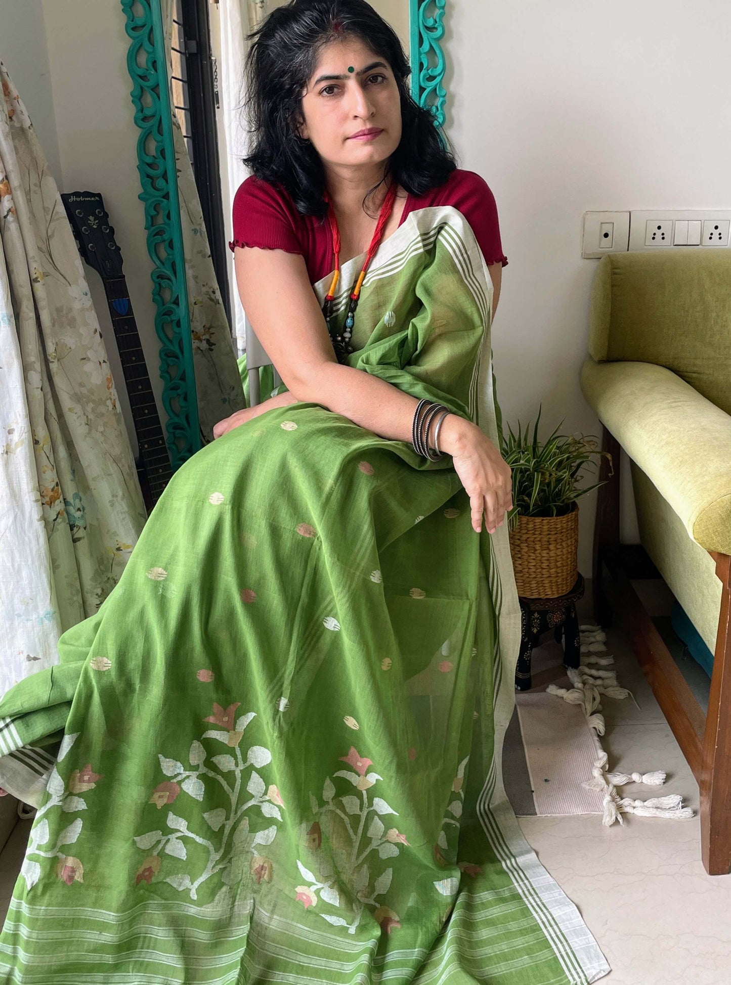 Green Jamdani cotton saree