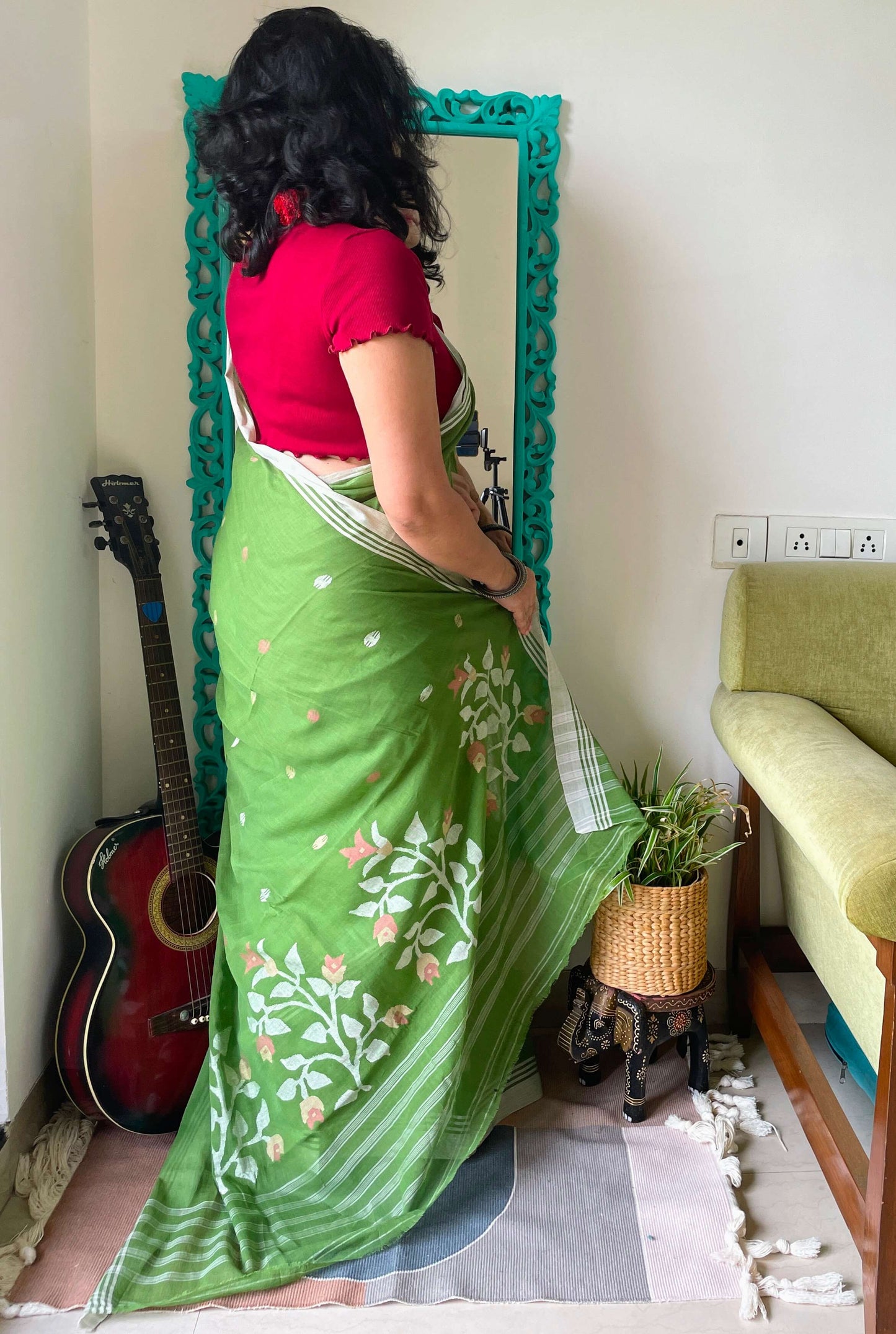 Green Jamdani cotton saree