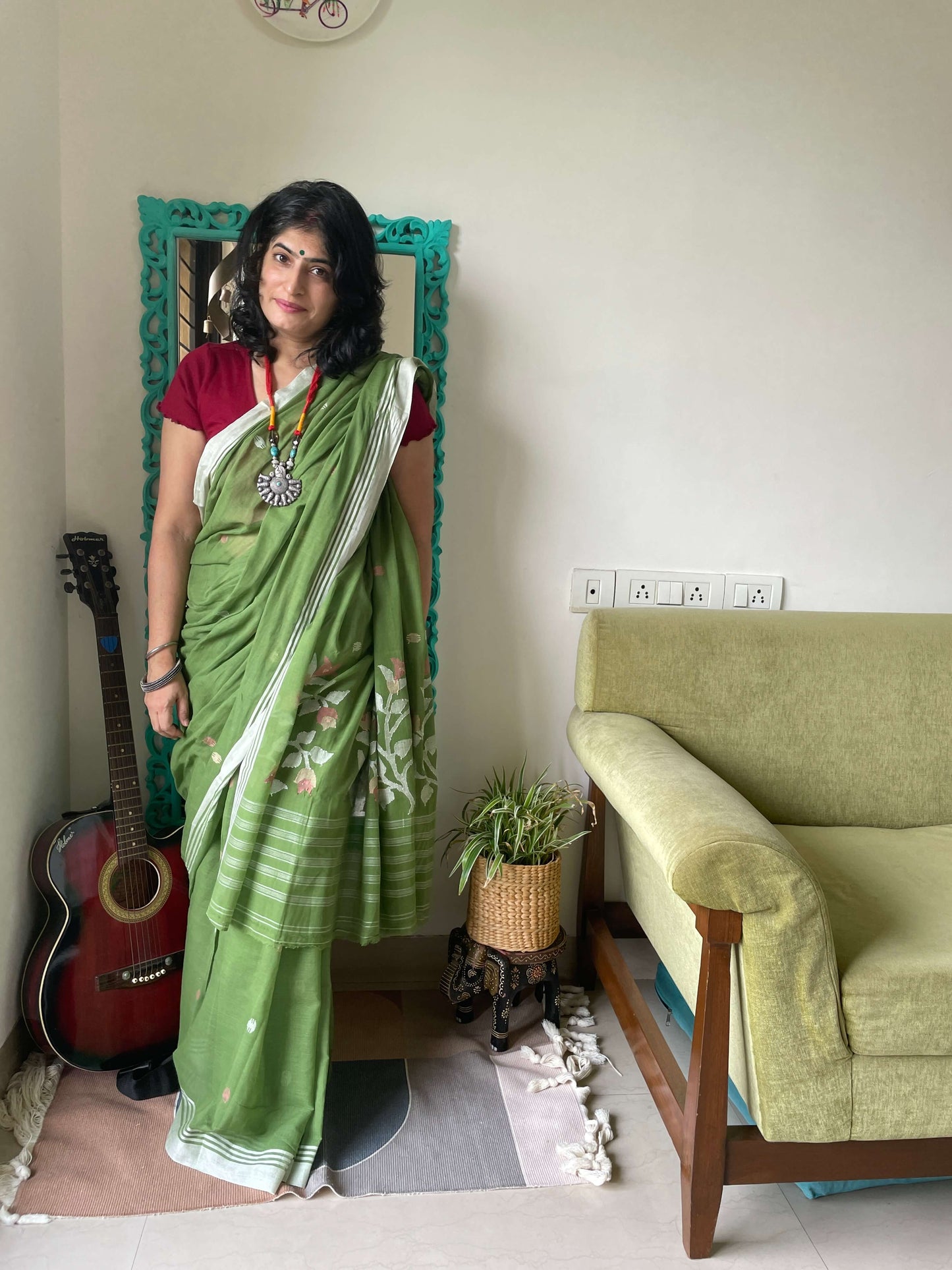 Green Jamdani cotton saree