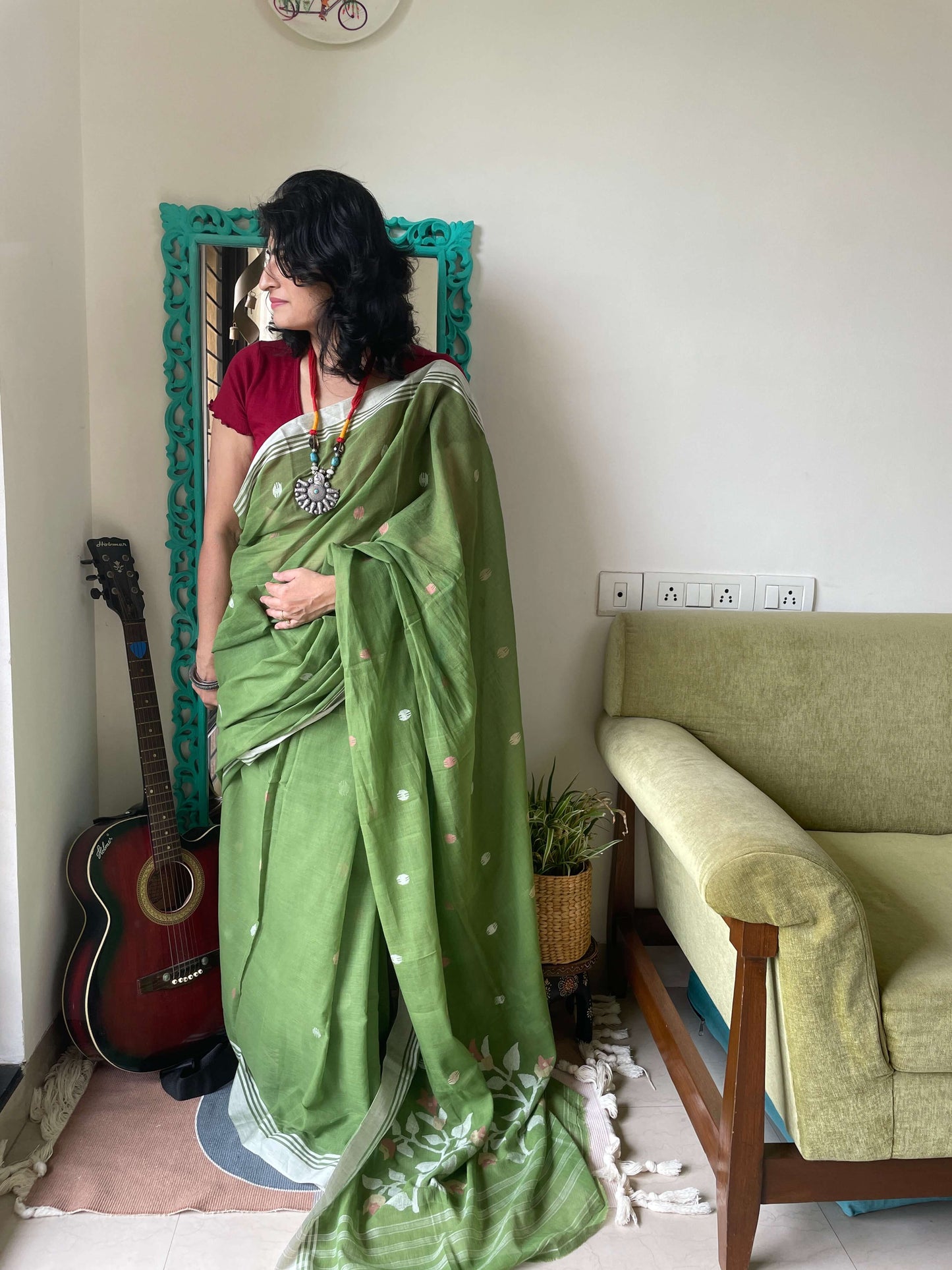 Green Jamdani cotton saree