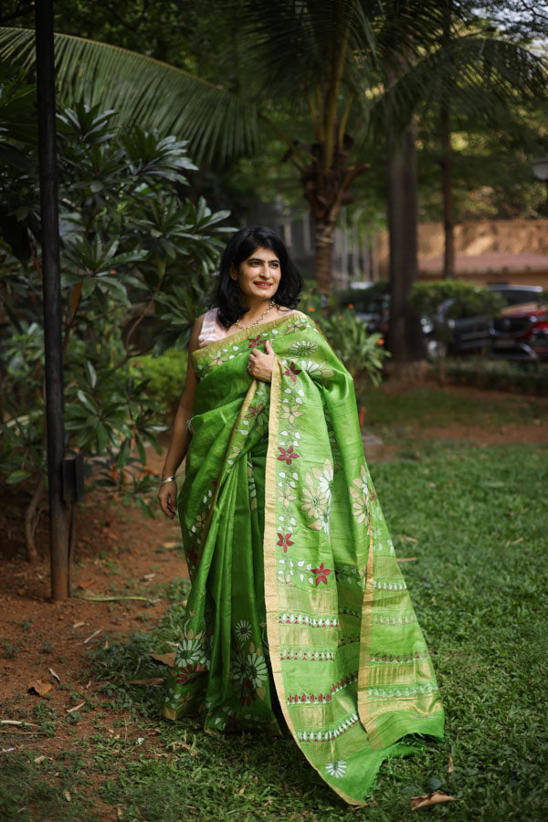 Handloom Parrot Green Kosa Silk Saree With All Over Sona Rupa Booti –  WeaverStory