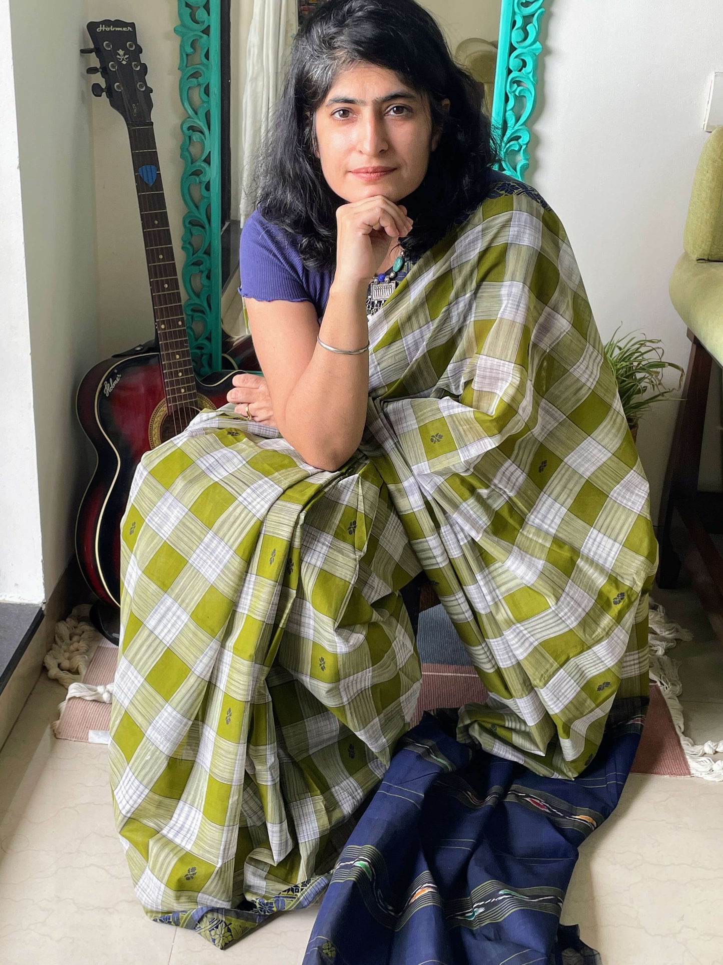 Green checks Dobby ikkat cotton Saree