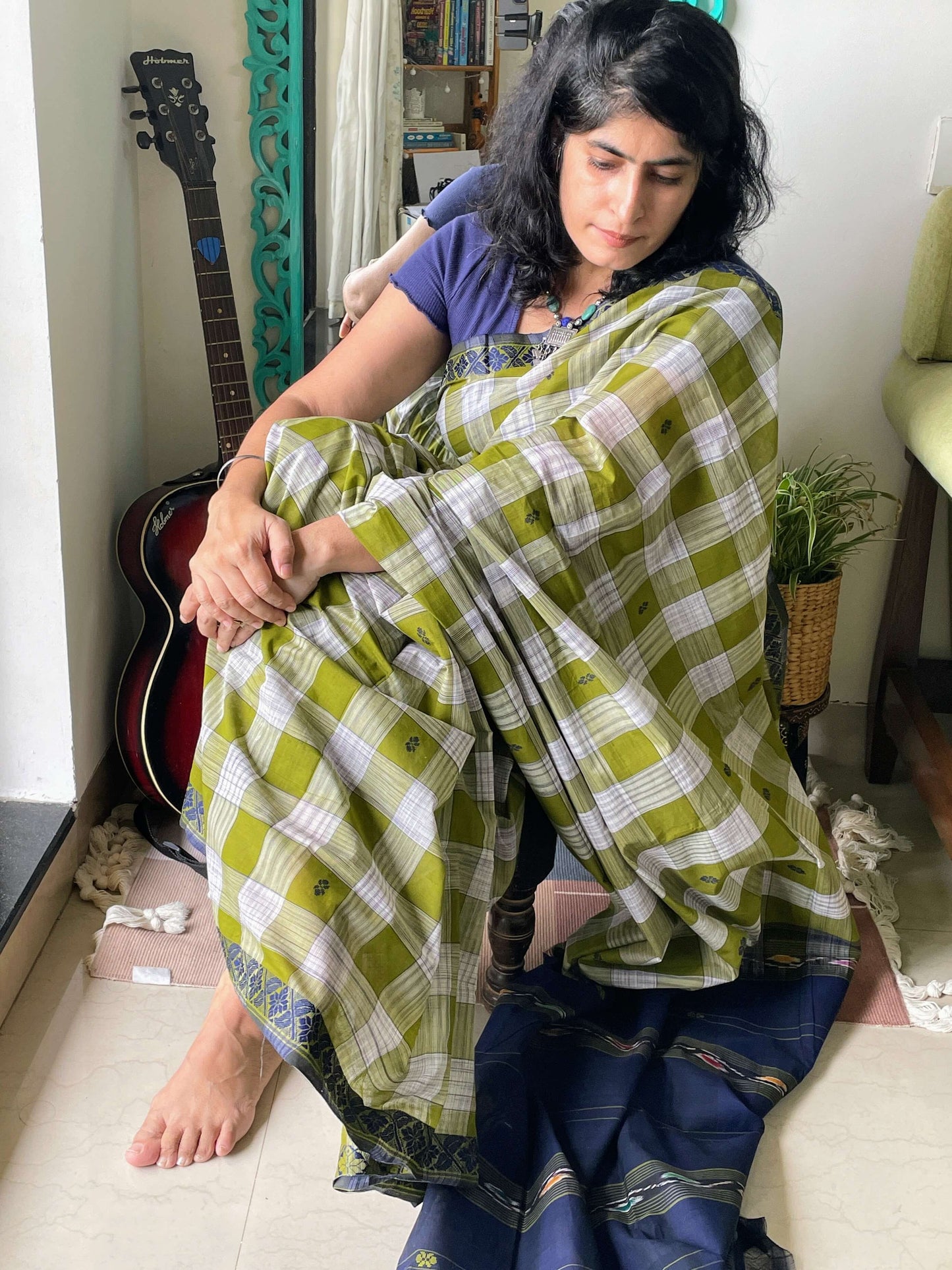 Green checks Dobby ikkat cotton Saree