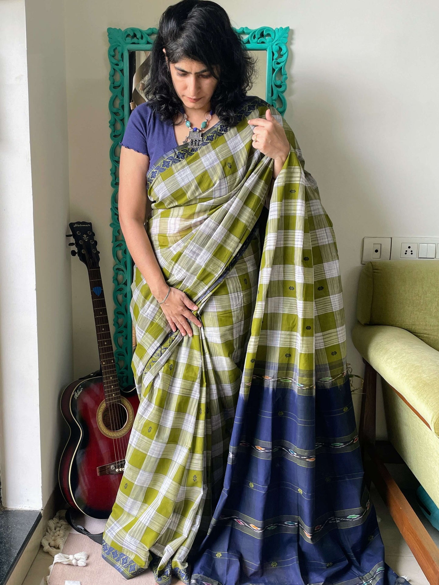 Green checks Dobby ikkat cotton Saree