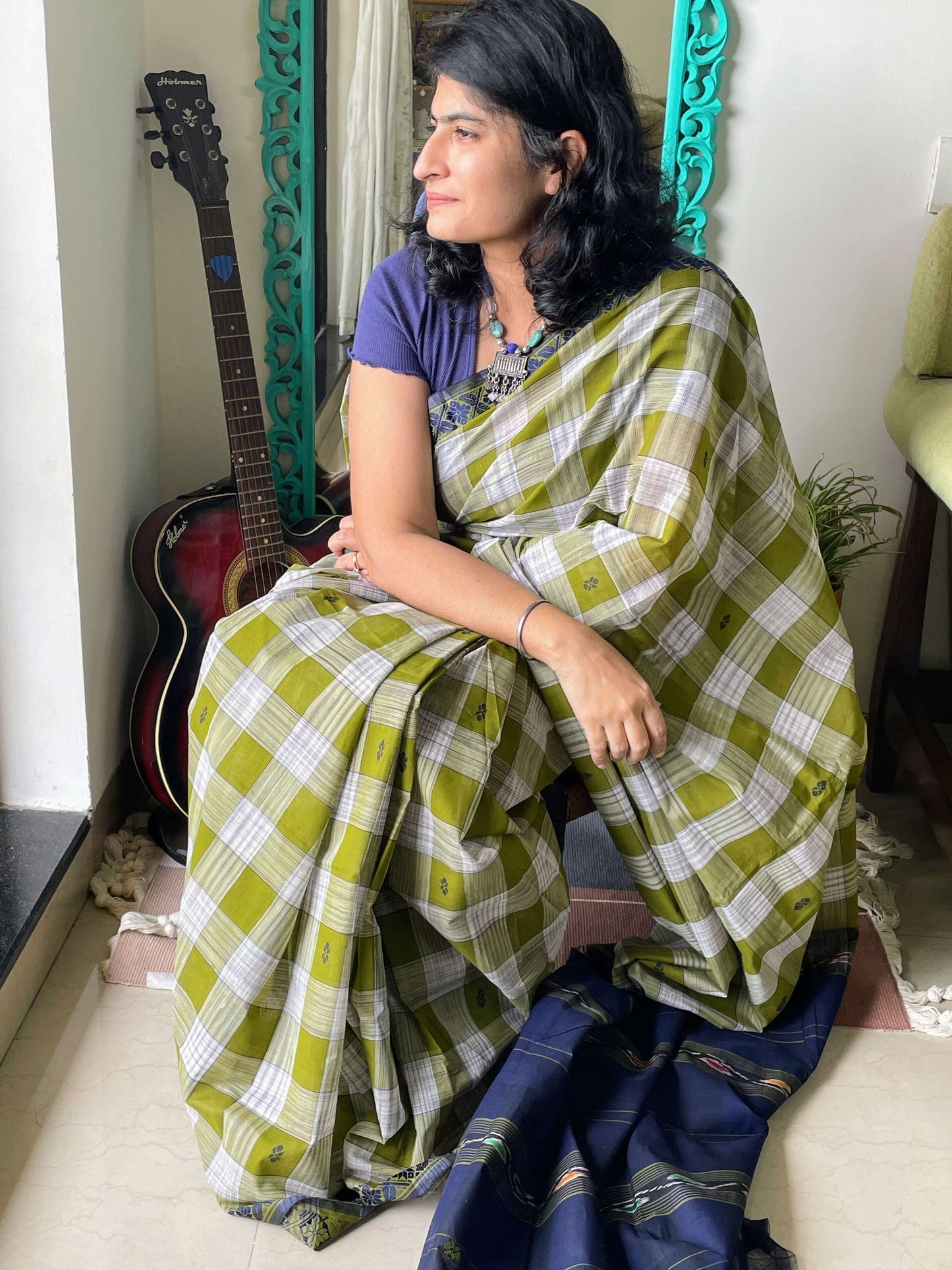 Green checks Dobby ikkat cotton Saree