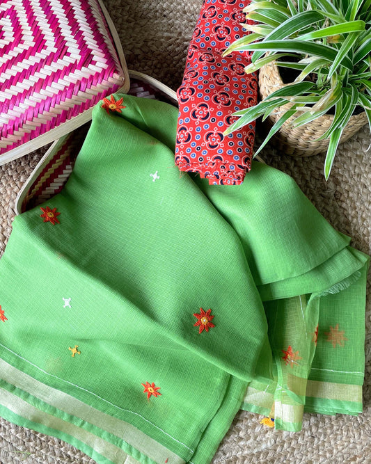 Parrot green Kota cotton embroidered Saree