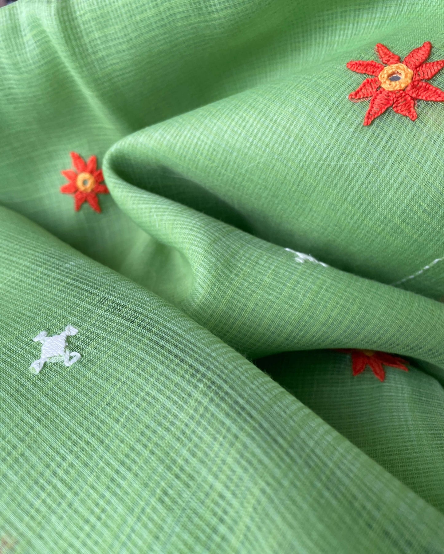 Parrot green Kota cotton embroidered Saree