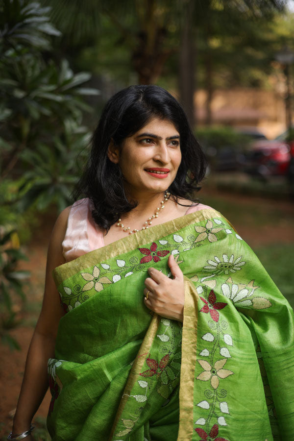 Multicolor Hand Painted Bangalore Silk Saree With Kantha Work -  Luxurionworld – Luxurion World