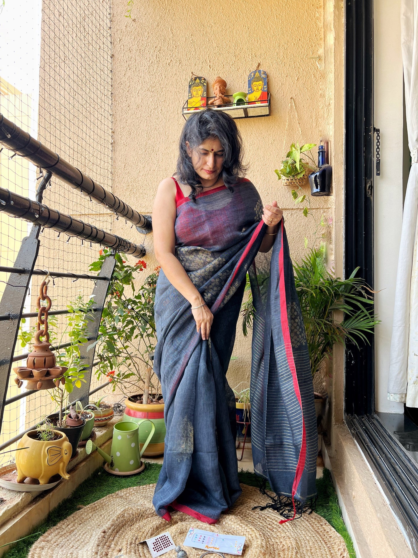 grey linen saree