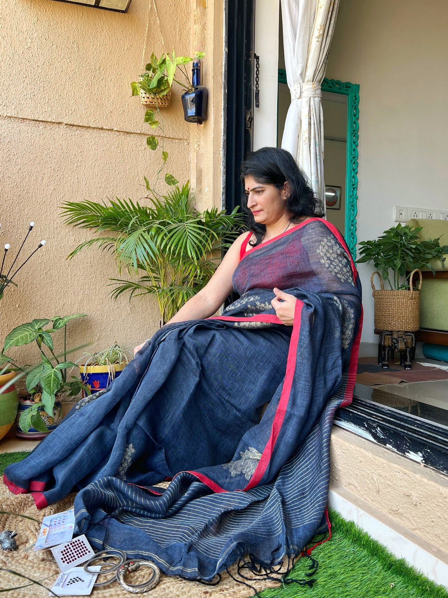 grey linen saree