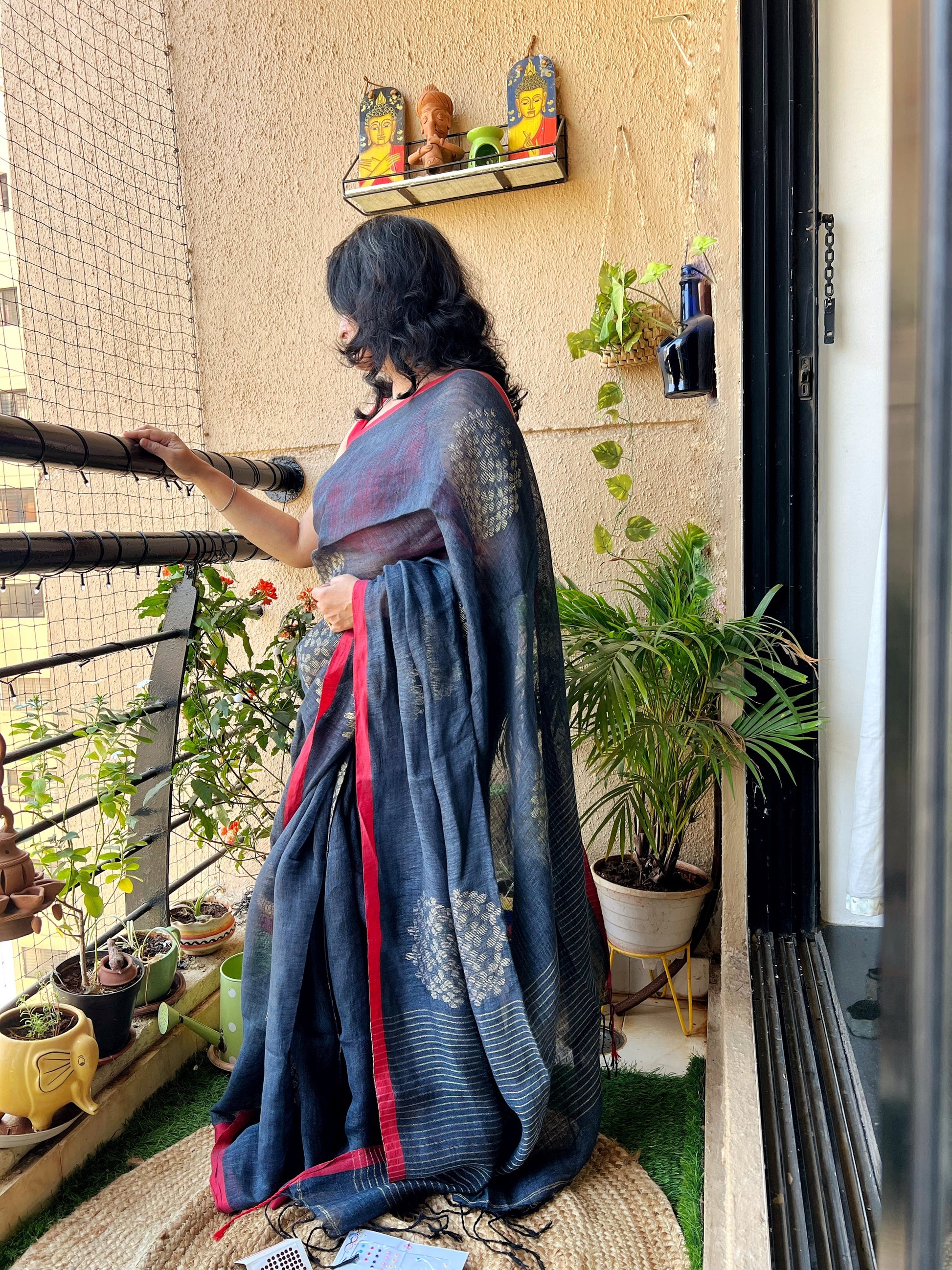 grey linen saree